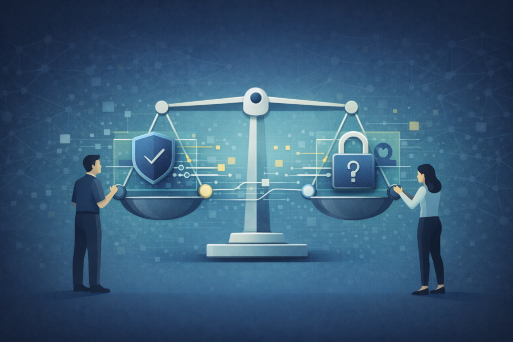 Balance scale weighing ethical AI cybersecurity concerns with security shield and question-marked lock representing risks.