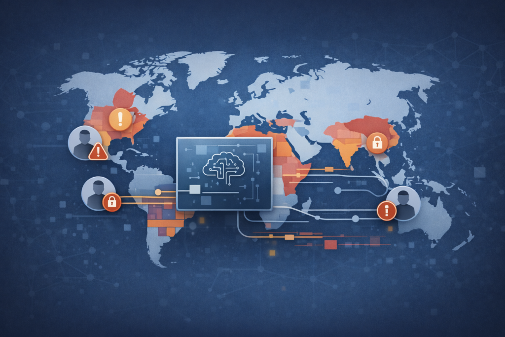 Global map displaying ethical AI cybersecurity concerns with AI brain, user alerts, locks, and threat indicators worldwide.