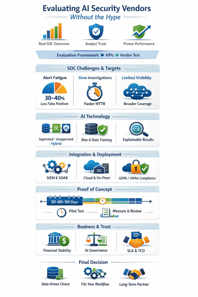 Infographic showing framework for evaluating AI security vendors addressing ethical AI cybersecurity concerns and implementation.