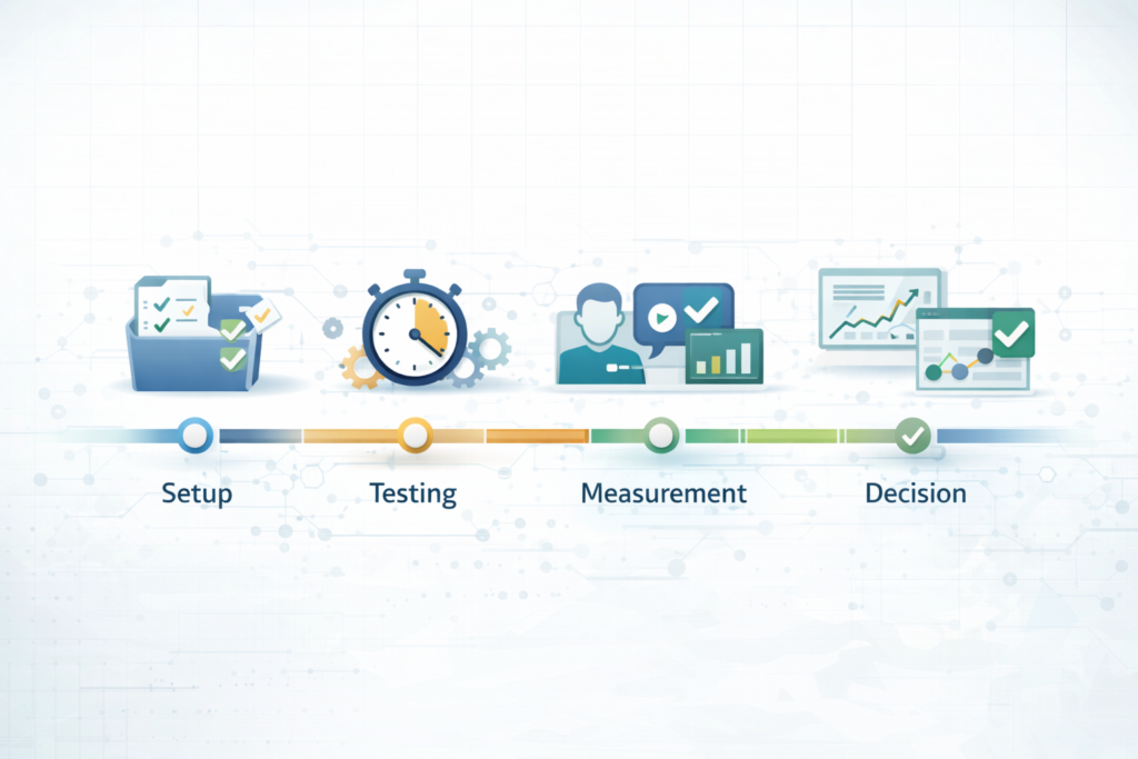 Timeline showing setup, testing, measurement, and decision phases for evaluating ethical AI cybersecurity concerns.