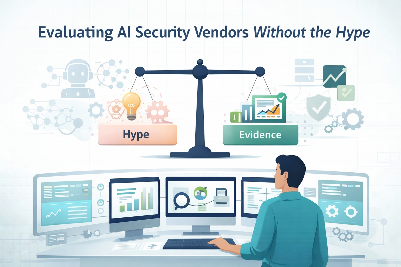Analyst evaluating AI security vendors balancing hype versus evidence for ethical AI cybersecurity concerns.