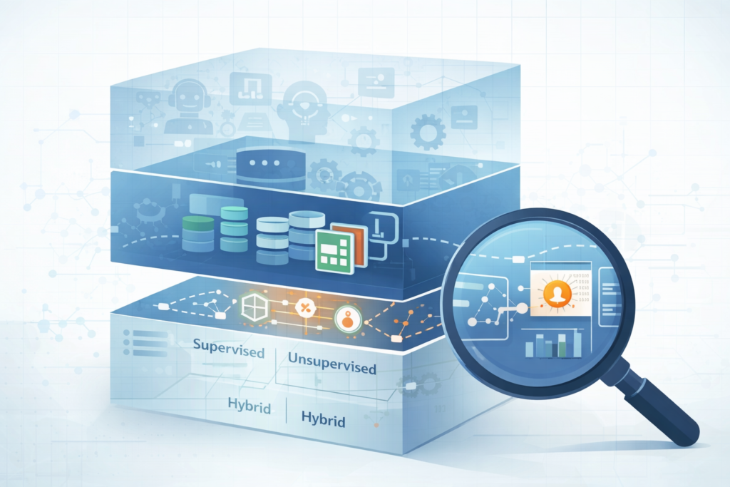 Layered AI security architecture showing supervised and hybrid models addressing ethical AI cybersecurity concerns.