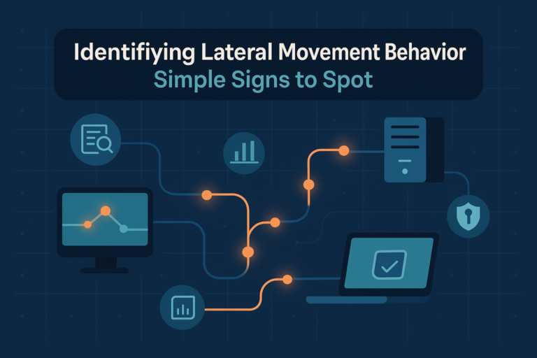 Network diagram illustrating identifying lateral movement behavior across connected systems with security monitoring icons.