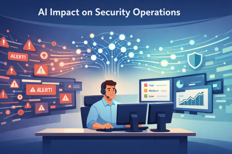 AI impact security operations visualized through analyst monitoring prioritized alerts and threat intelligence dashboards.