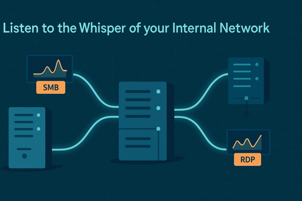 Network servers connected with traffic flow monitors for identifying lateral movement behavior across SMB and RDP protocols.