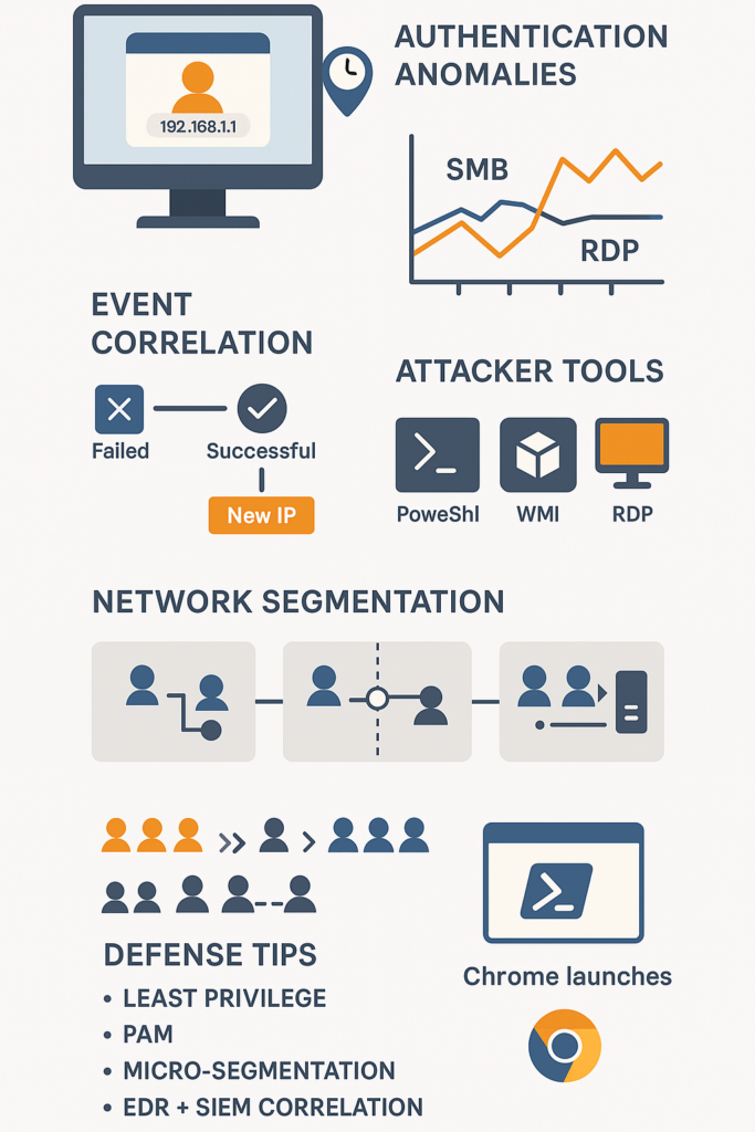 Infographic showing network security monitoring for identifying lateral movement behavior through authentication anomalies and segmentation.