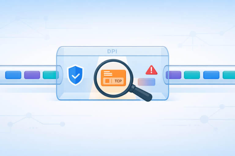 How DPI examines network traffic by inspecting TCP packets with magnifying glass for threats and protocol validation