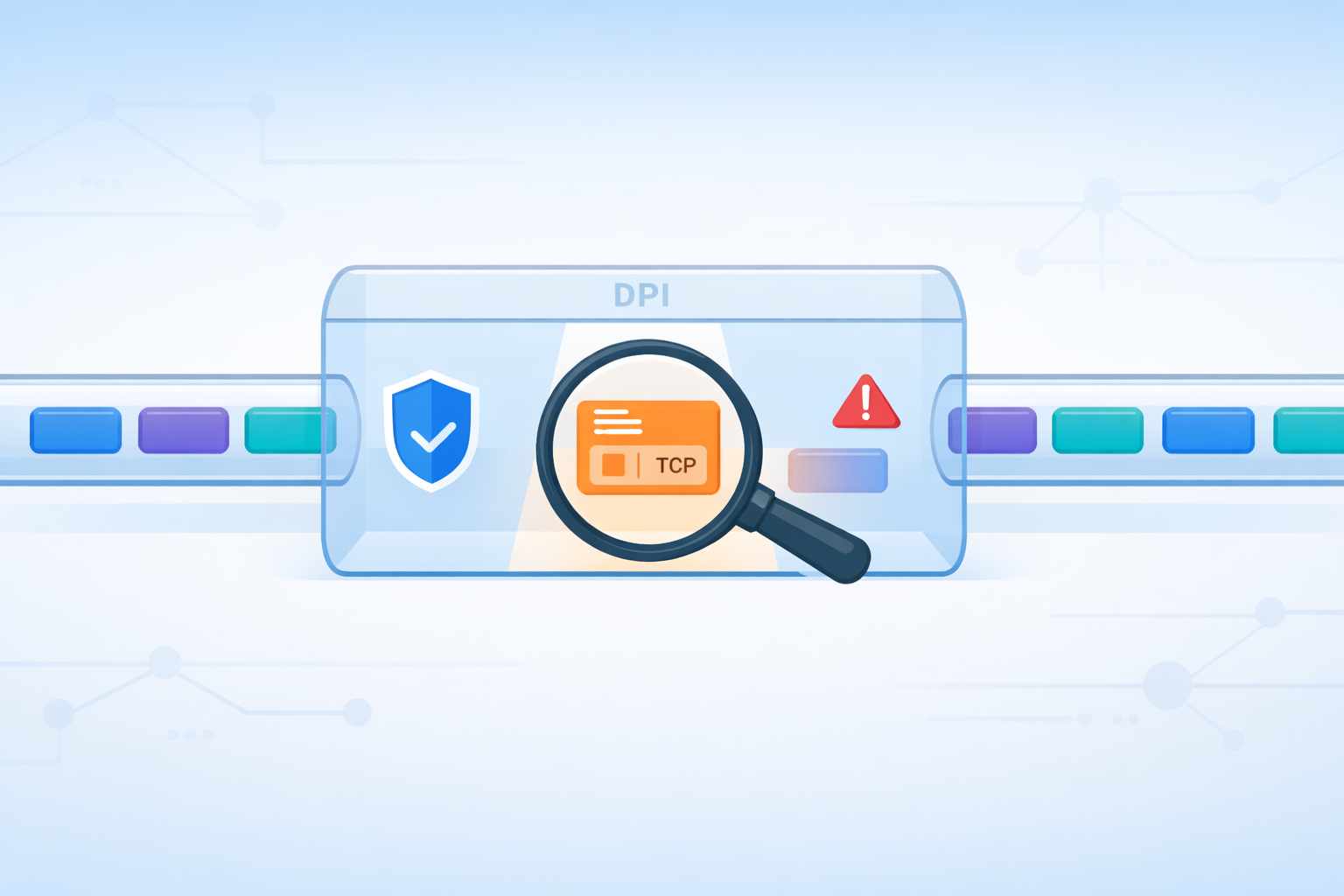 How DPI examines network traffic by inspecting TCP packets with magnifying glass for threats and protocol validation