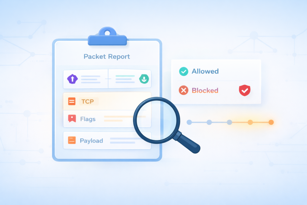 How DPI examines network traffic showing packet report with TCP, flags, and payload inspection for allowed/blocked status