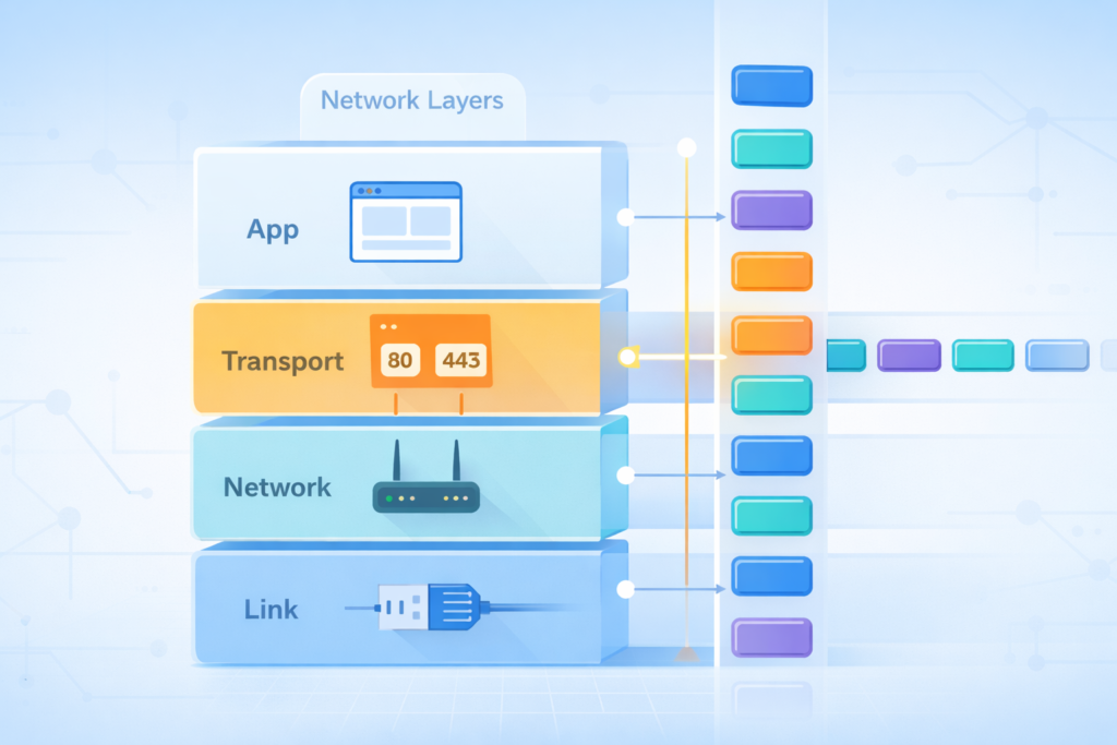 How DPI examines network traffic through App, Transport, Network, and Link layers with packet inspection at each level