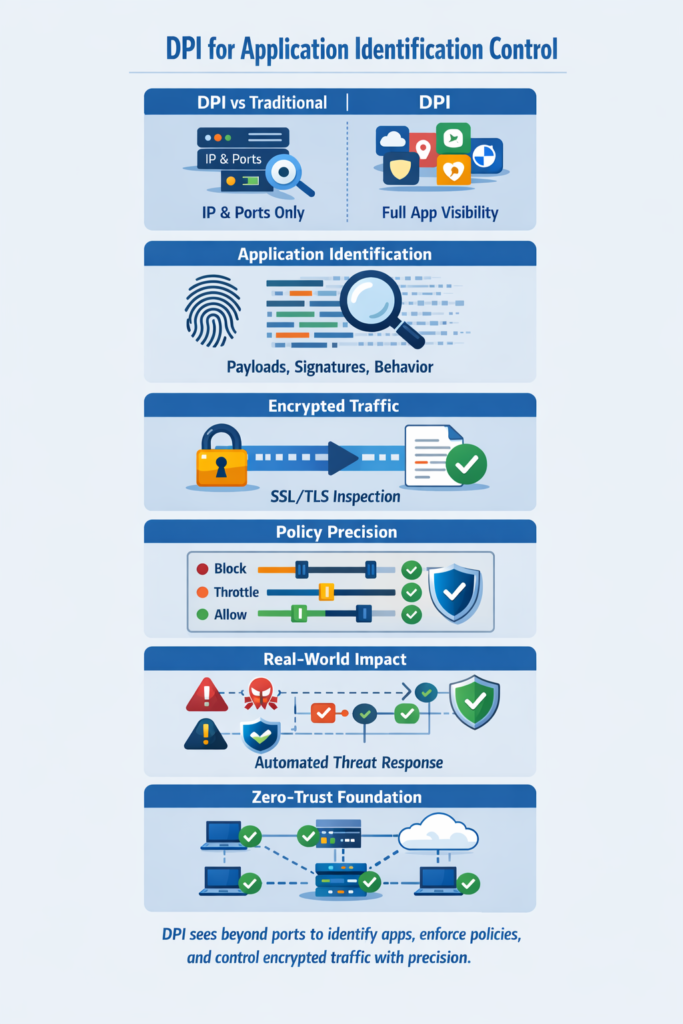 Deep packet inspection diagram comparing traditional port-based and DPI for application identification control methods with security icons