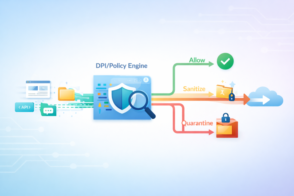 DPI policy engine using DPI for security enforcement to allow, sanitize, or quarantine network traffic and data flows