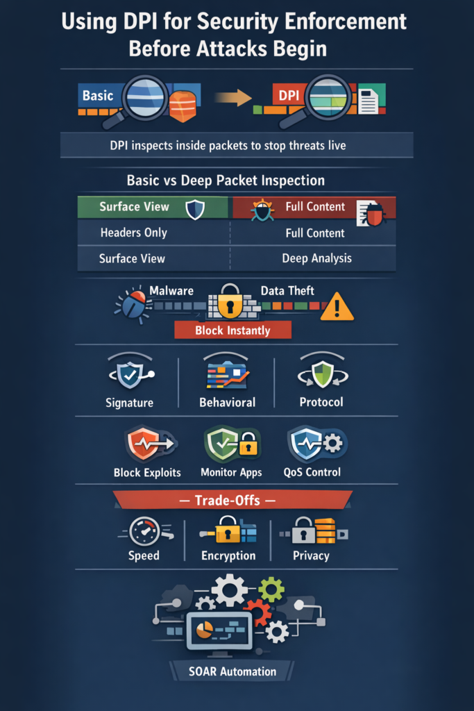 Diagram showing using DPI for security enforcement with packet inspection, threat detection, and network protection methods