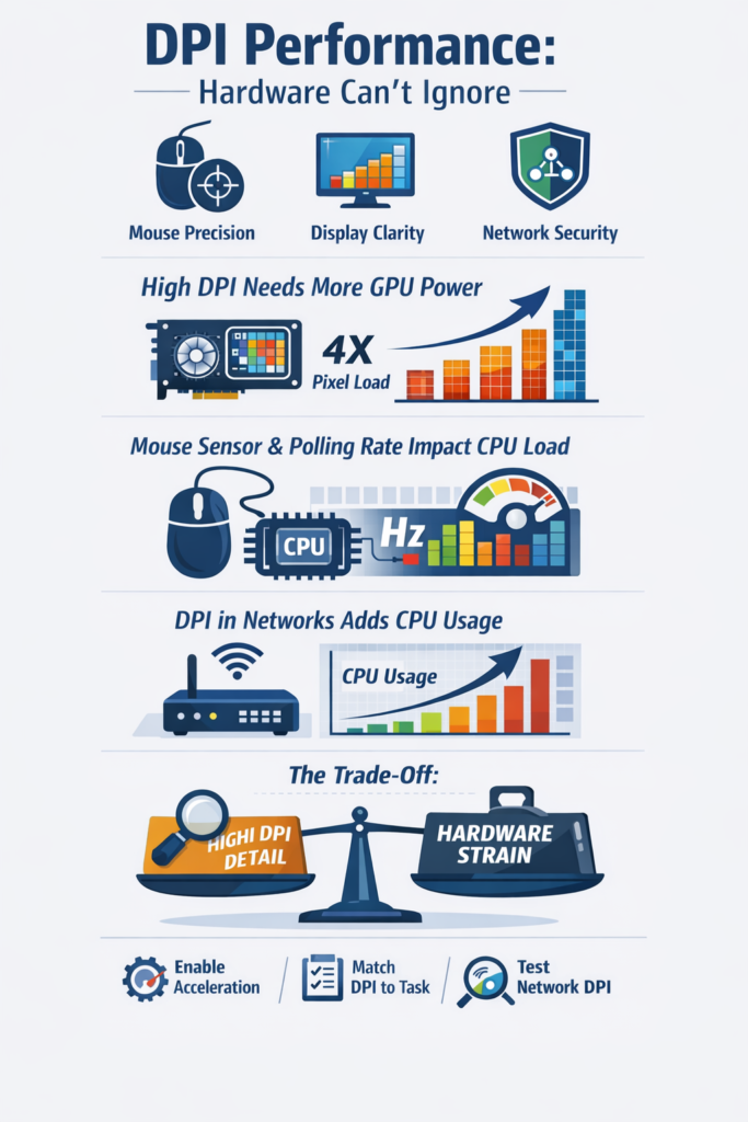 Infographic showing DPI performance considerations hardware impacts including GPU pixel load, CPU usage from mouse polling, and network strain trade-offs.