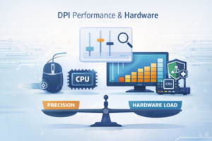DPI performance considerations hardware balancing precision with system load showing mouse, CPU, display, and network components.