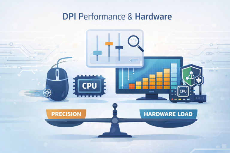 DPI performance considerations hardware balancing precision with system load showing mouse, CPU, display, and network components.