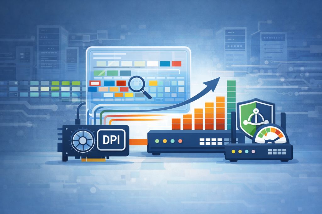 DPI performance considerations hardware setup with network devices, monitoring display, and performance metrics showing upward trend.