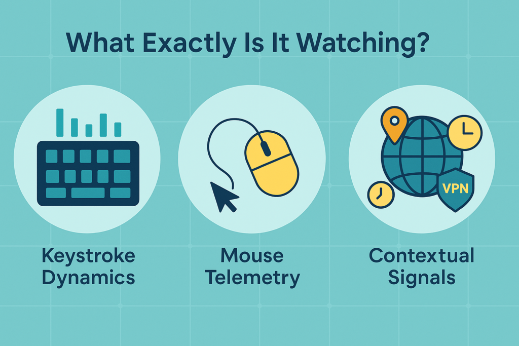 Icons showing keyboard, mouse, and globe with VPN shield representing behavioral biometrics network security monitoring methods.