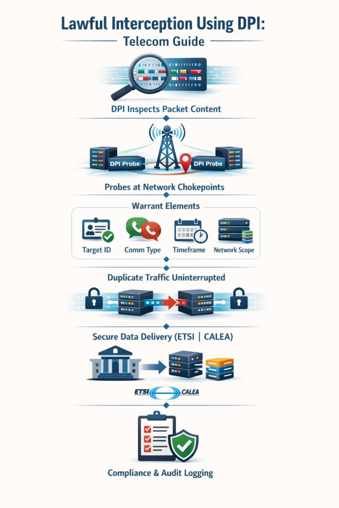 Lawful interception using DPI diagram showing packet inspection, network probes, warrant elements, and secure data delivery flow.