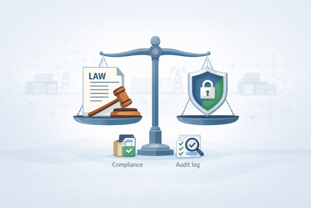Lawful interception using DPI balance scale showing legal compliance with law documents and security shield protection.