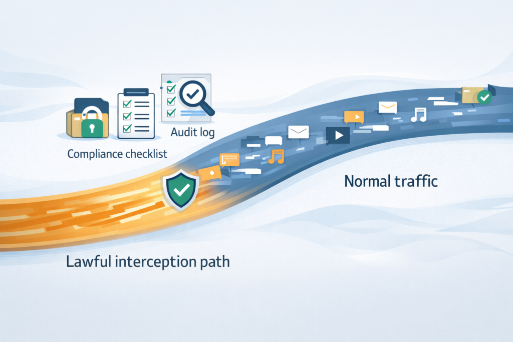 Lawful interception using DPI path separated from normal traffic with compliance checklist and audit log verification.
