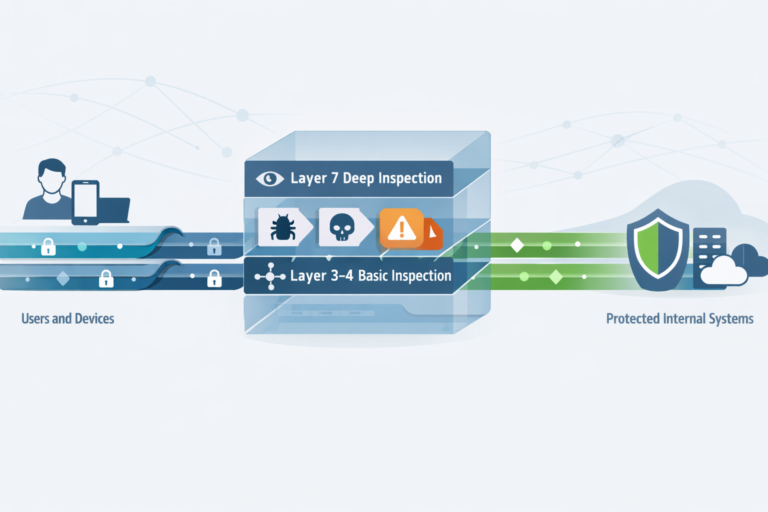 DPI in next-generation firewalls NGFW architecture showing layer 7 inspection protecting network traffic and systems
