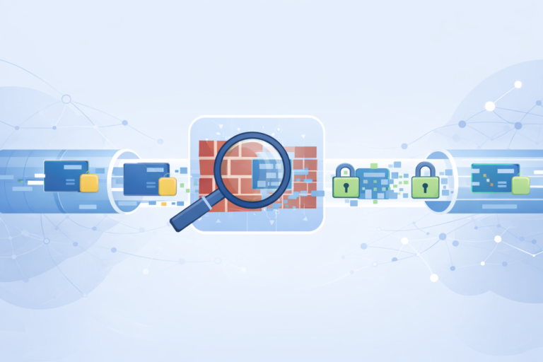 Magnifying glass inspecting firewall with encrypted data packets and locks showing bypassing DPI techniques detection methods.