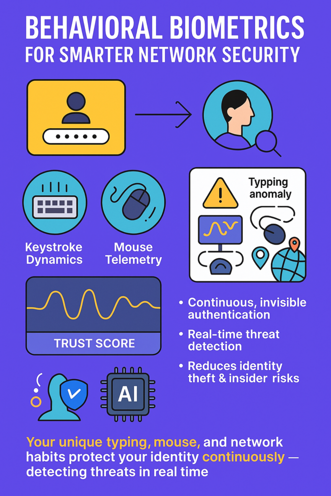 Infographic showing user authentication, keystroke analysis, mouse tracking, and threat monitoring for behavioral biometrics network security.