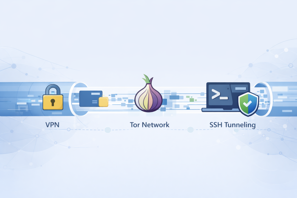 VPN, Tor Network, and SSH Tunneling icons illustrating bypassing DPI techniques detection for secure internet privacy.