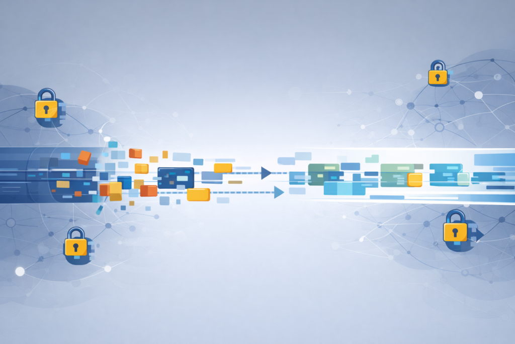 Encrypted data packets flowing through secure network nodes demonstrating bypassing DPI techniques detection strategies.