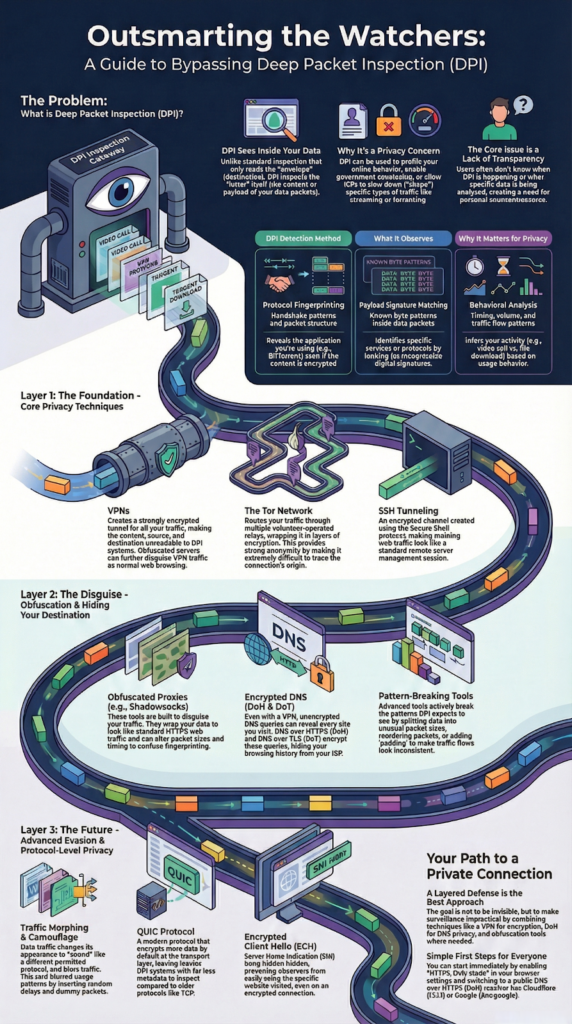 Illustrated guide showing layered network security techniques for bypassing DPI techniques detection through encryption and obfuscation methods.