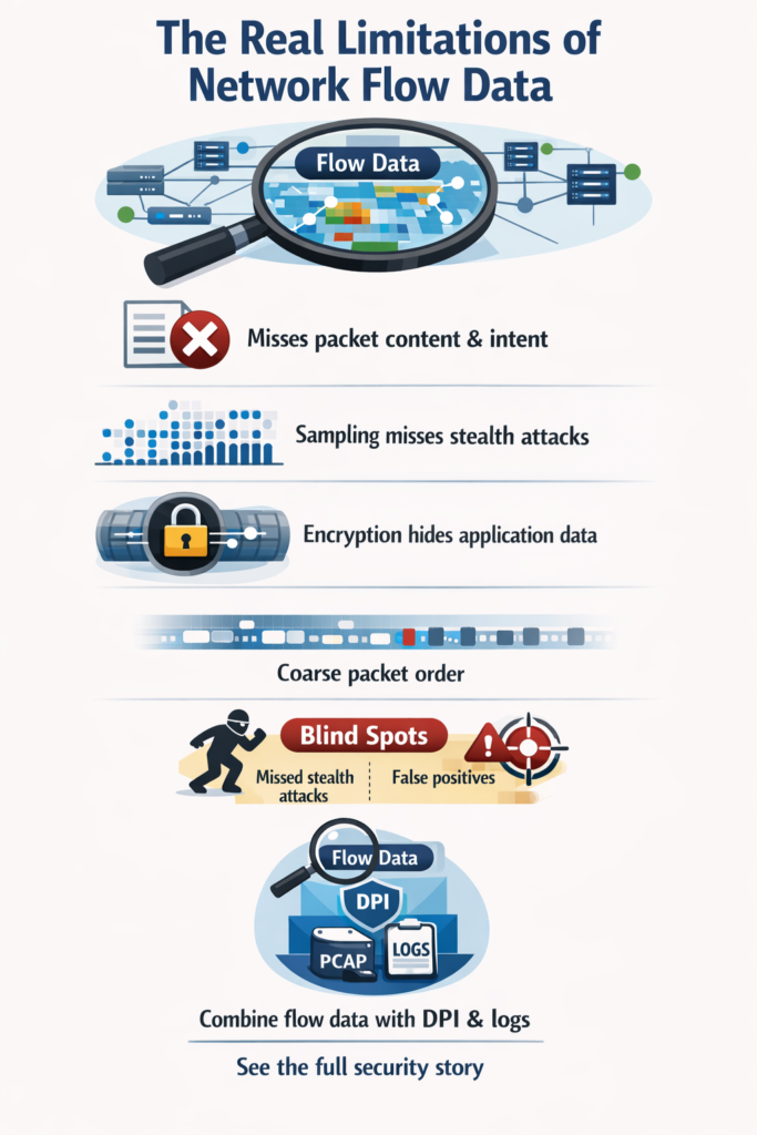 Infographic illustrating limitations of network flow data including encryption, sampling issues, and blind spots in detection.