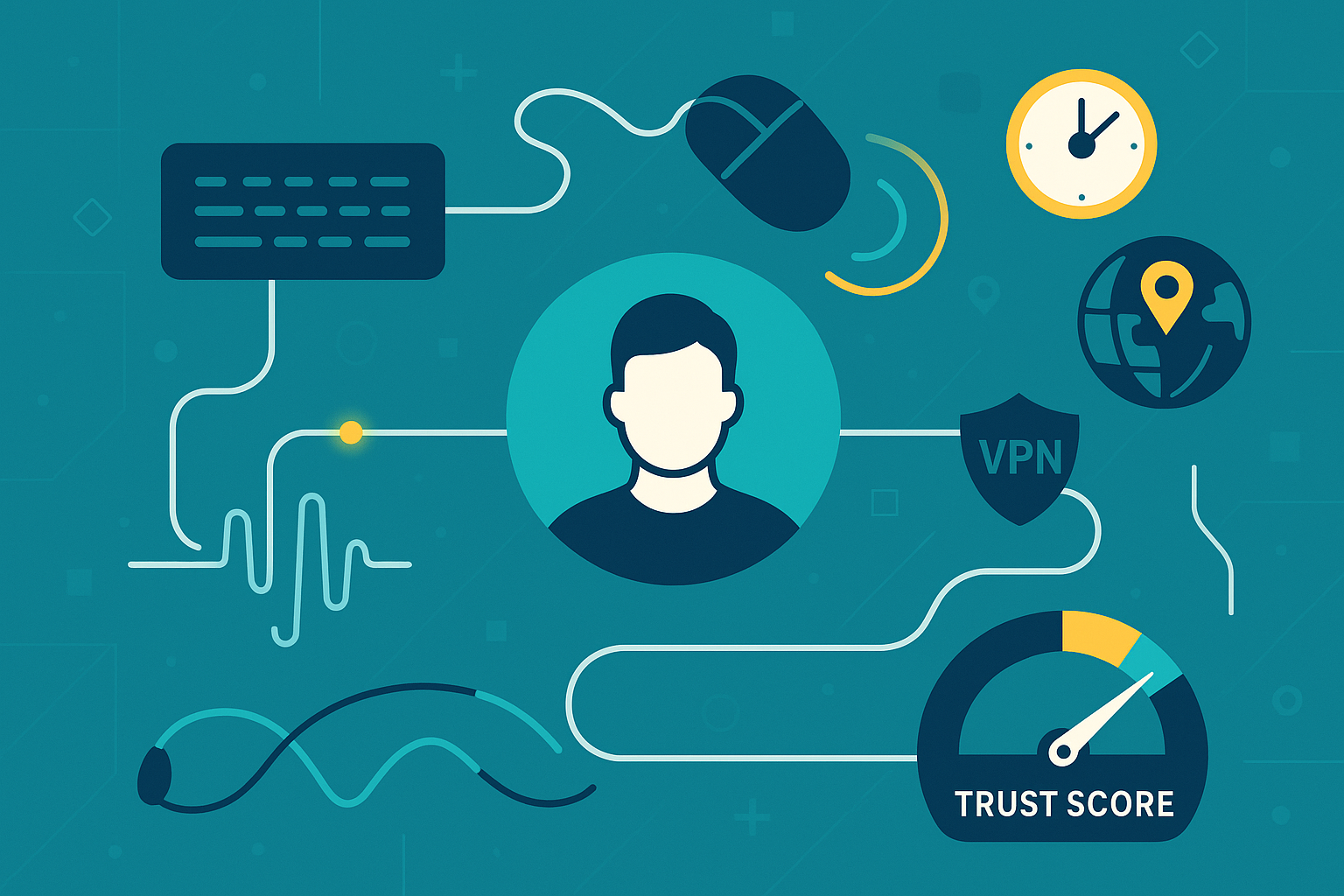 User profile connected to keyboard, mouse, location, time, VPN shield, and trust score for behavioral biometrics network security.