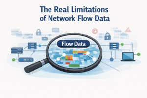 Magnifying glass examining flow data visualization showing limitations of network flow data across network infrastructure.