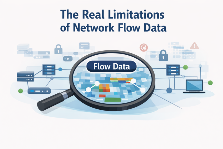 Magnifying glass examining flow data visualization showing limitations of network flow data across network infrastructure.