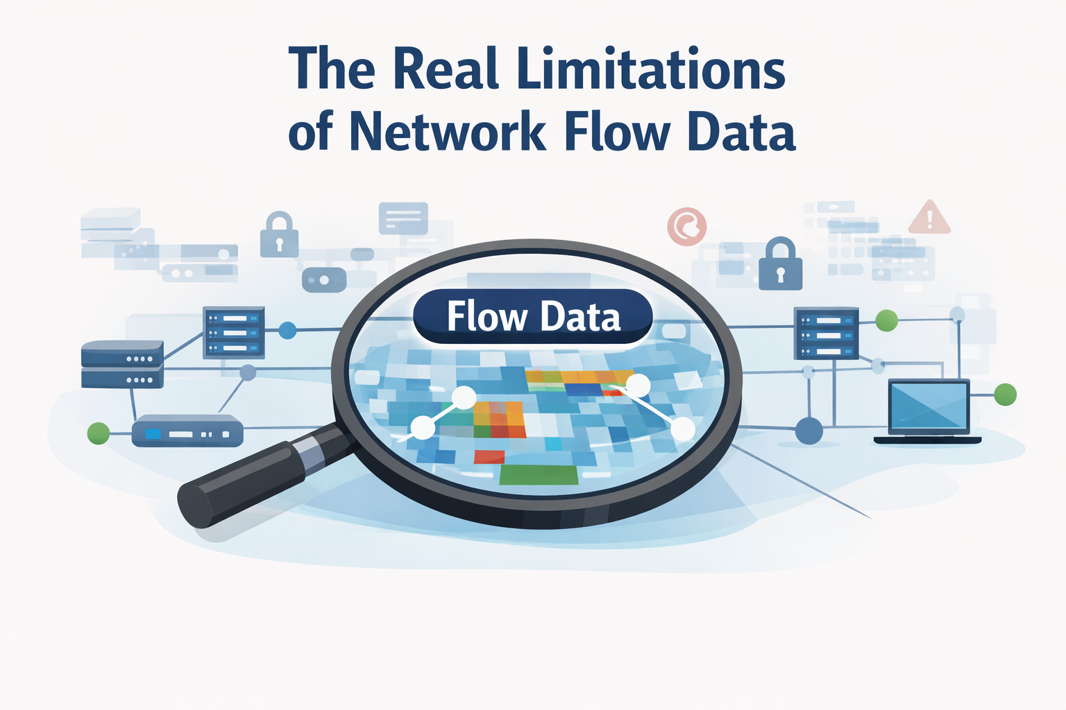 Magnifying glass examining flow data visualization showing limitations of network flow data across network infrastructure.