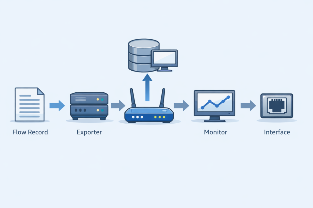 Using NetFlow for network monitoring: flow data from exporter through router to database, monitor, and network interface