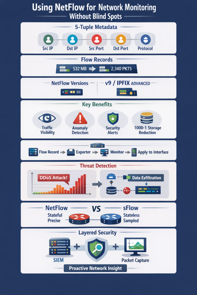  Diagram showing using NetFlow for network monitoring with metadata, flow records, threat detection, and security benefits