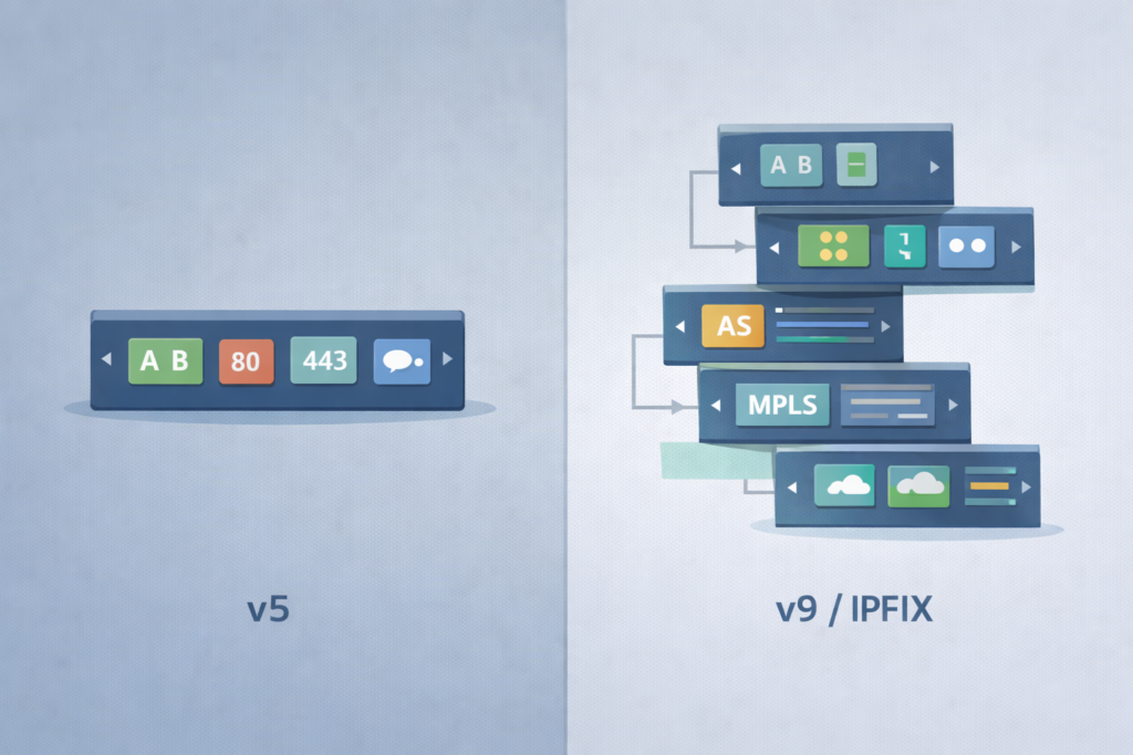 Comparison showing NetFlow v5 basic fields versus v9/IPFIX advanced options for using NetFlow for network monitoring