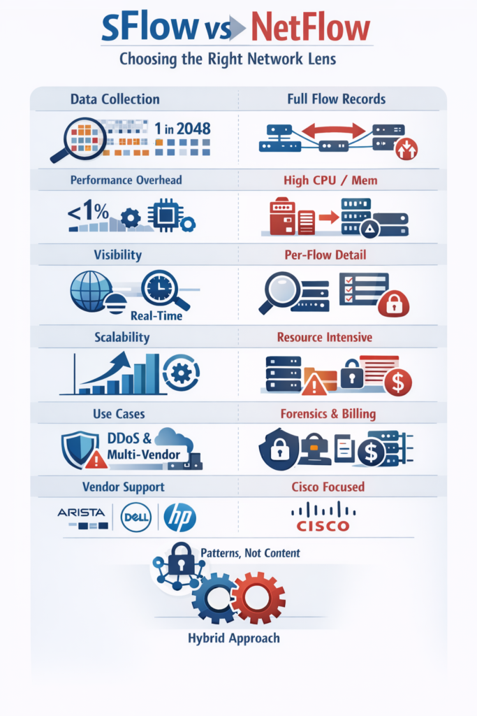 sFlow vs NetFlow comparison features chart showing data collection, performance, visibility, scalability, use cases, support
