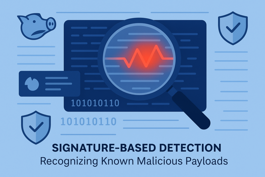 Magnifying glass analyzing code patterns and anomalies for detecting C2 communication behavior in network traffic.