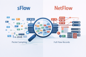 sFlow vs NetFlow comparison features: sFlow uses packet sampling (1 in 2048) while NetFlow captures full flow records