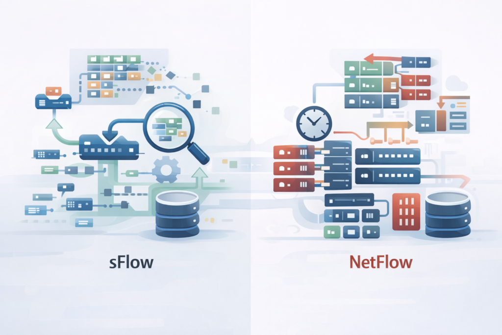 Visual sFlow vs NetFlow comparison features: sFlow sampling architecture versus NetFlow stateful flow tracking with databases 