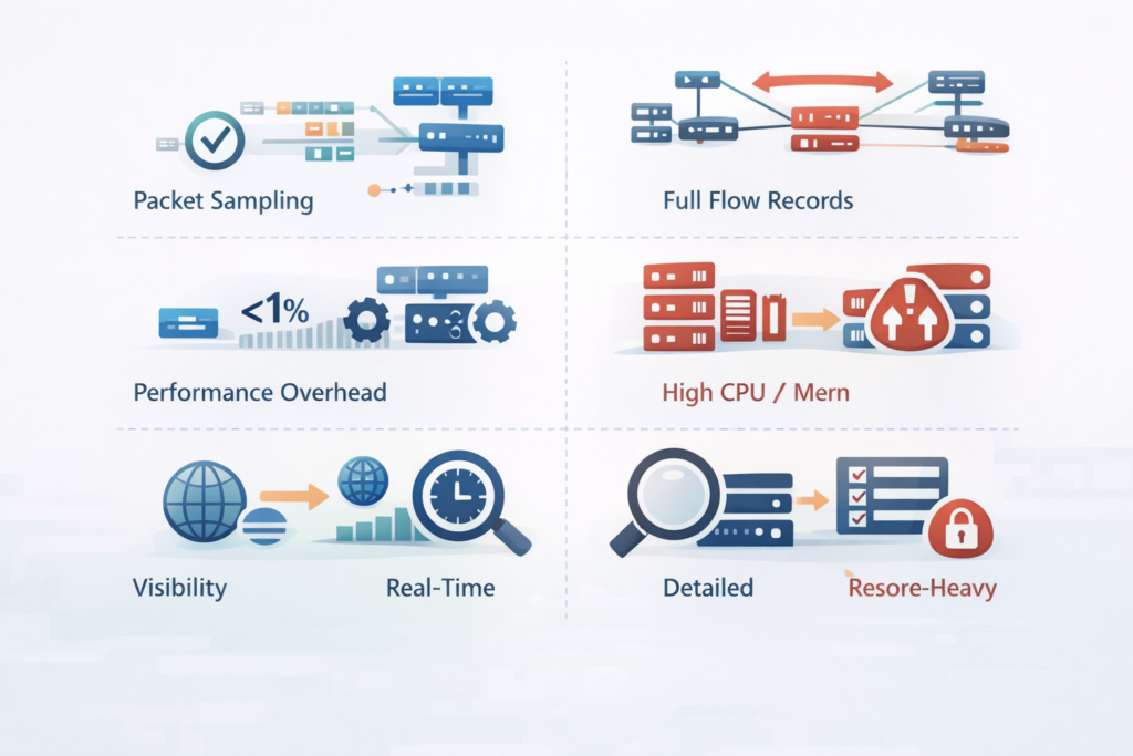 sFlow vs NetFlow comparison features: packet sampling with low overhead versus full flow records with detailed analysis 