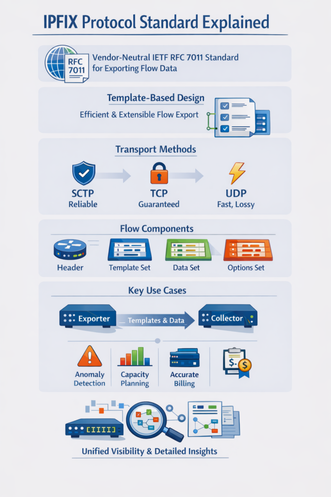 IPFIX protocol standard explained: RFC 7011 vendor-neutral flow export with templates, transport methods, and use cases