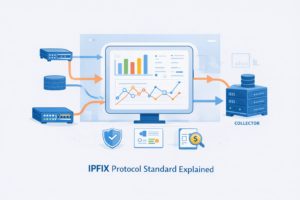 IPFIX protocol standard explained: network devices sending flow data to monitoring dashboard and collector with analytics