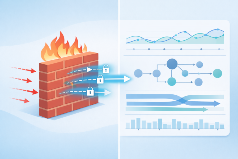 Analyzing flow data security insights: firewall blocking threats while dashboard shows network traffic patterns and analytics