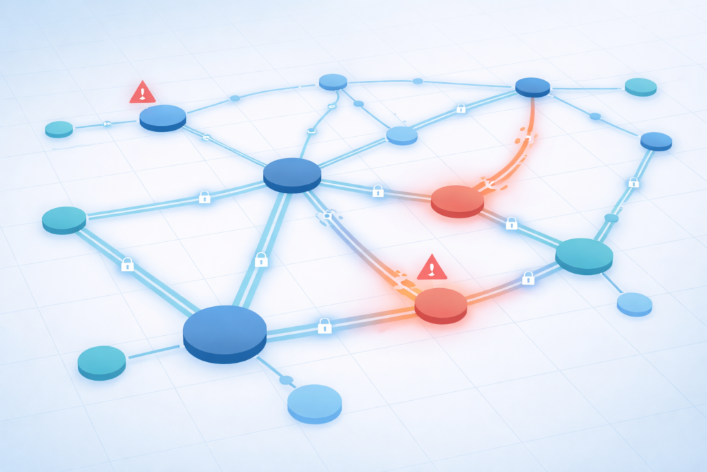 Network topology map analyzing flow data security insights with threat alerts highlighted on compromised nodes
