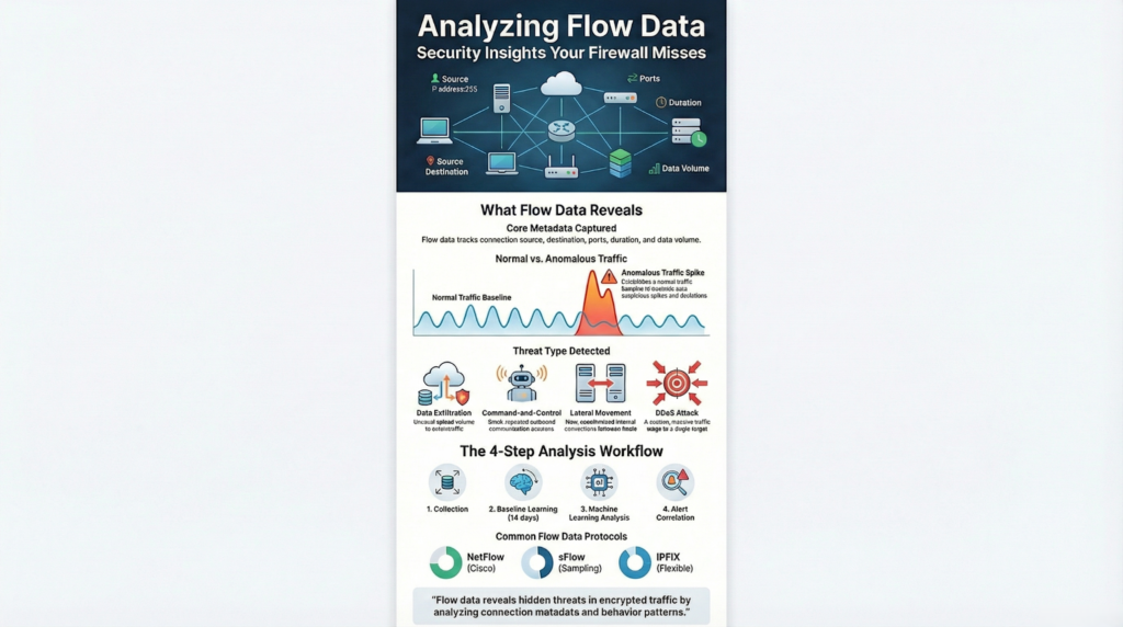 Infographic showing network flow data analysis workflow for detecting security threats through metadata tracking and anomaly detection