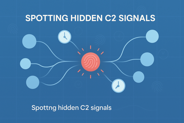 Network diagram with fingerprint hub and connected nodes showing patterns for detecting C2 communication behavior.